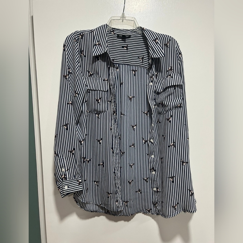 Roz & Ali Black and White Striped Hummingbird Blouse
